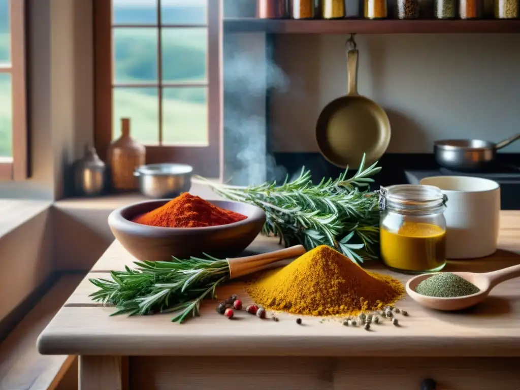 Una mesa de madera rústica en una acogedora cocina de Borgoña, decorada con especias vibrantes y aromáticas