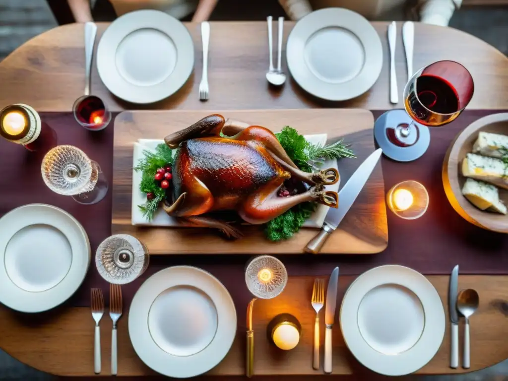 Una mesa de madera rústica elegantemente decorada con vajilla fina y copas de vino Burdeos, servida con platos de caza