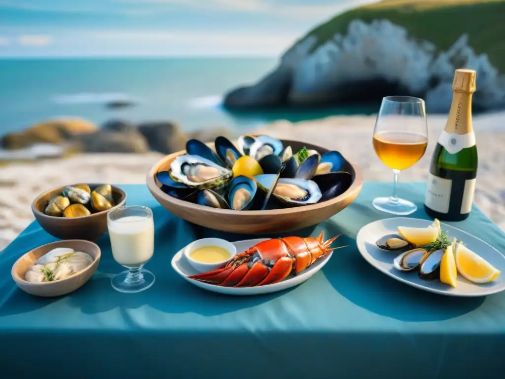 Una mesa de madera rústica en Normandía con platos de mariscos frescos y vinos, frente al mar