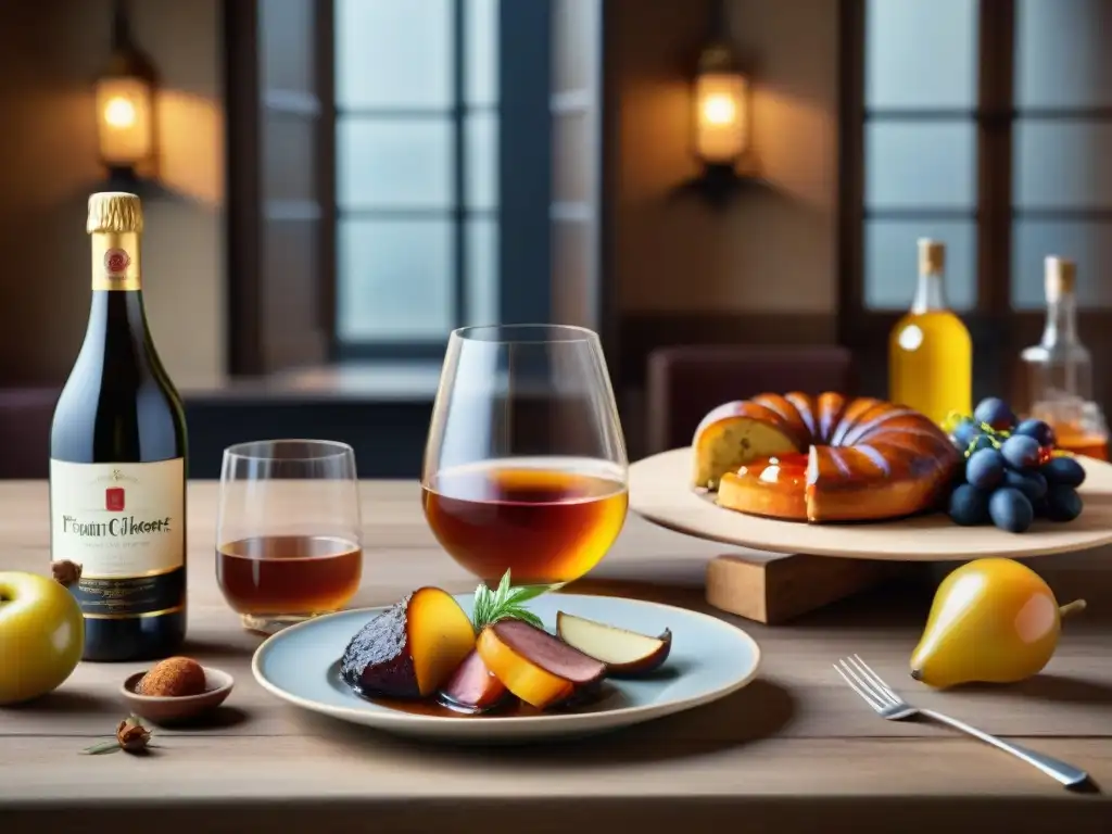 Una mesa de madera rústica con sidras francesas y platos exquisitos