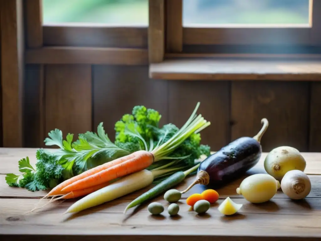 Una mesa de madera rústica exhibe vibrantes ingredientes olvidados de la cocina francesa