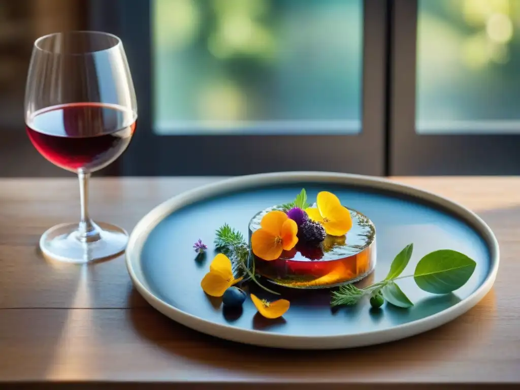 Una mesa de madera rústica con vinos franceses y terrina de pescado