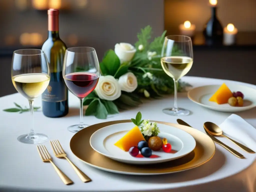 Una mesa elegantemente montada con exquisitos platillos franceses y vinos de Alsacia, creando maridajes perfectos en una atmósfera lujosa y acogedora