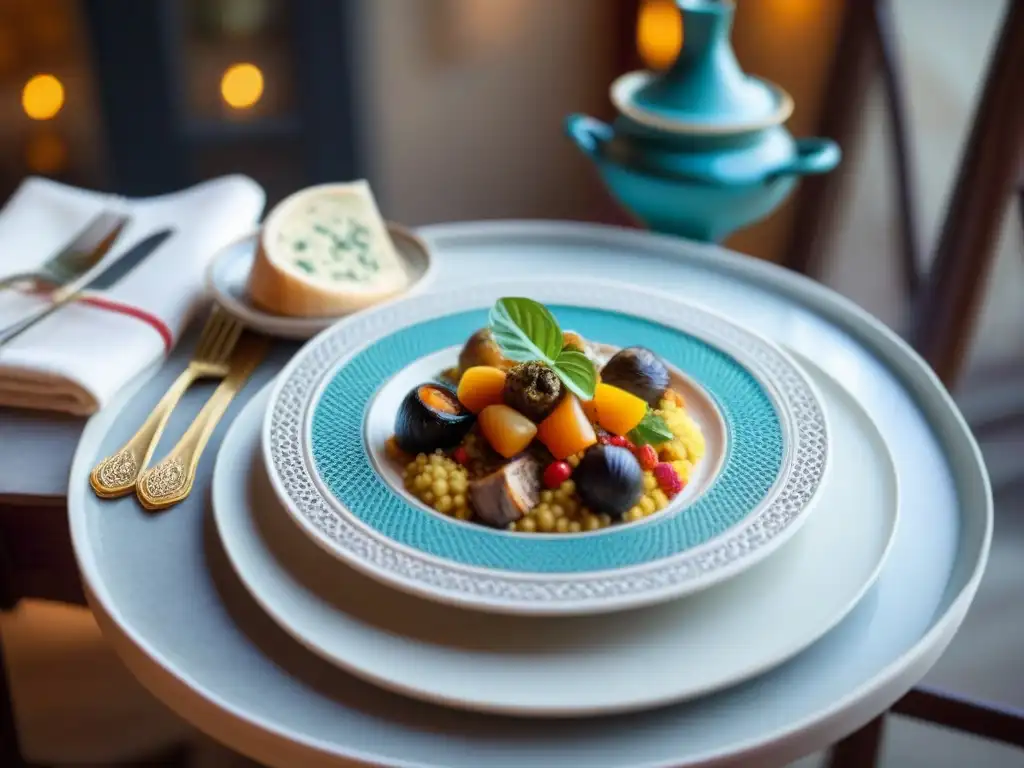 Una mesa de mosaico con influencia árabe en gastronomía francesa, fusionando sabores y culturas en un ambiente acogedor y colorido