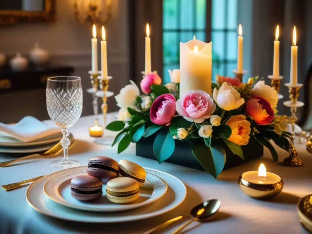 Una mesa opulenta de cenas temáticas francesas gastronomía: cubiertos de plata, vajilla elegante, cristalería, luz de velas y flores