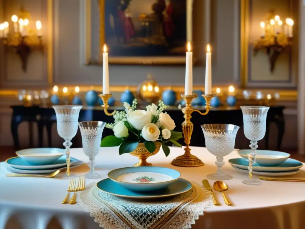 Majestuosa mesa de comedor en mansión francesa del siglo XIX Una mesa opulenta en una mansión francesa del siglo XIX, con vajilla fina y centros florales lujosos, reflejando la gastronomía francesa de la época