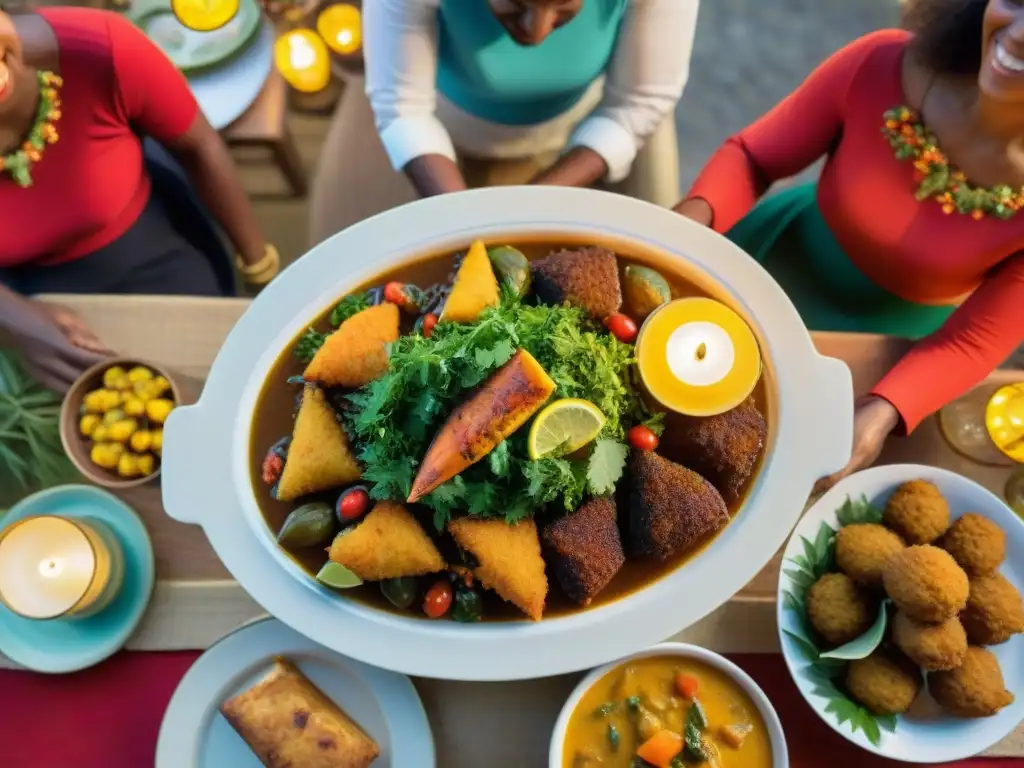 Una mesa navideña en Guadalupe con platos típicos festivos y locales, rodeada de lugareños alegres brindando con ti'punch