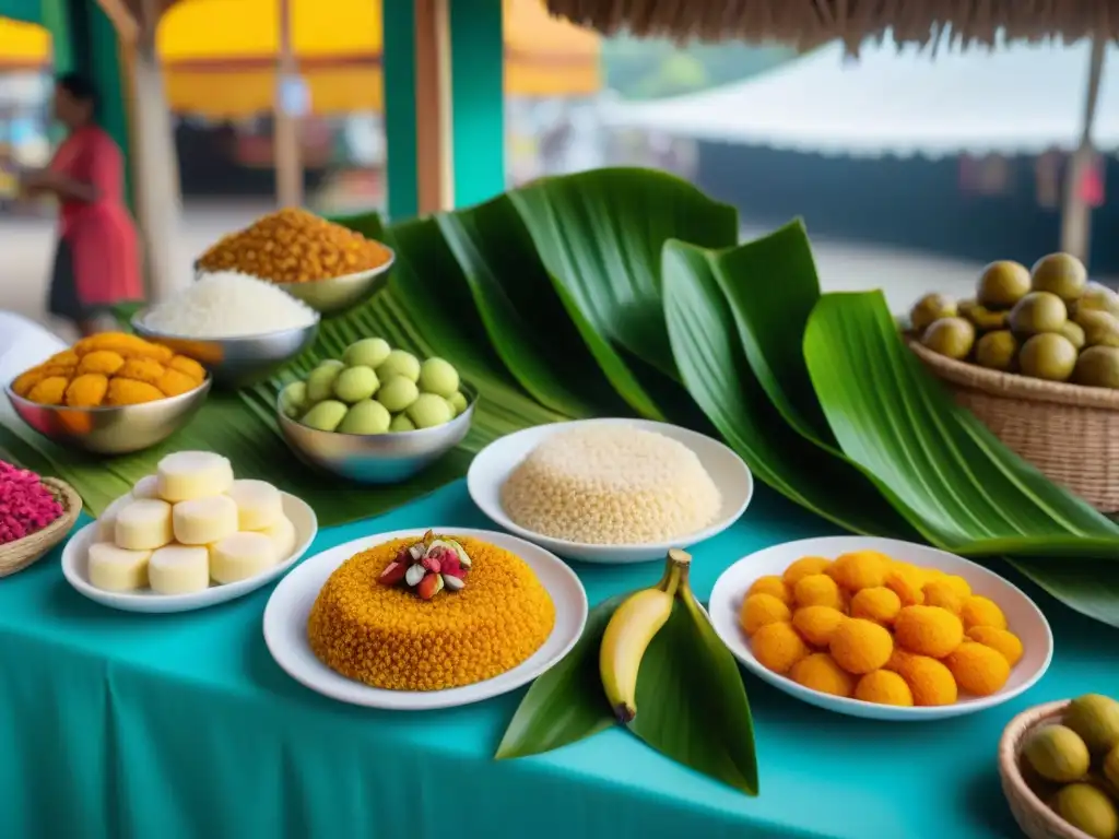 Una mesa de postres tradicionales guadalupeños tropicales en un mercado local, con colores vibrantes y detalles exquisitos