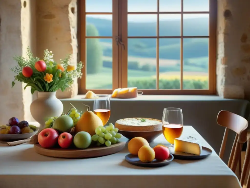 Una mesa exquisitamente preparada en el campo francés con vinos, quesos y frutas frescas, evocando la sofisticación de la gastronomía francesa