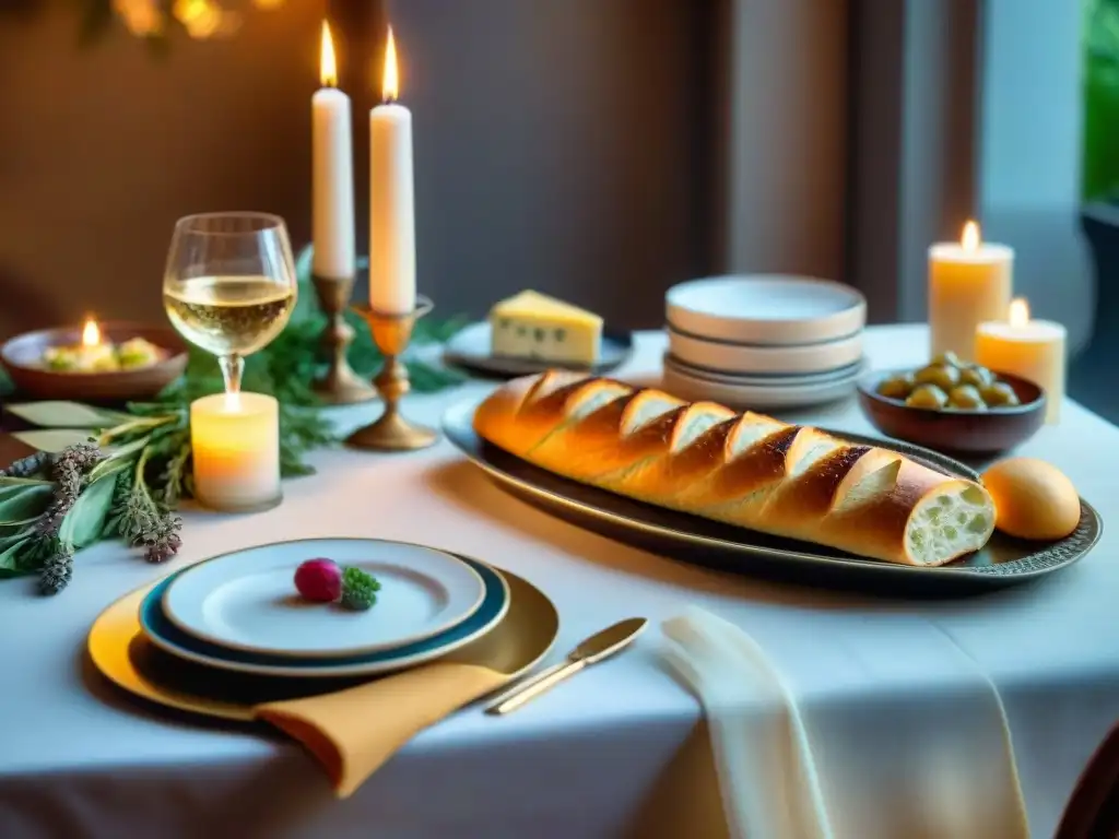 Una mesa elegantemente preparada con un festín vegano francés, iluminada por velas