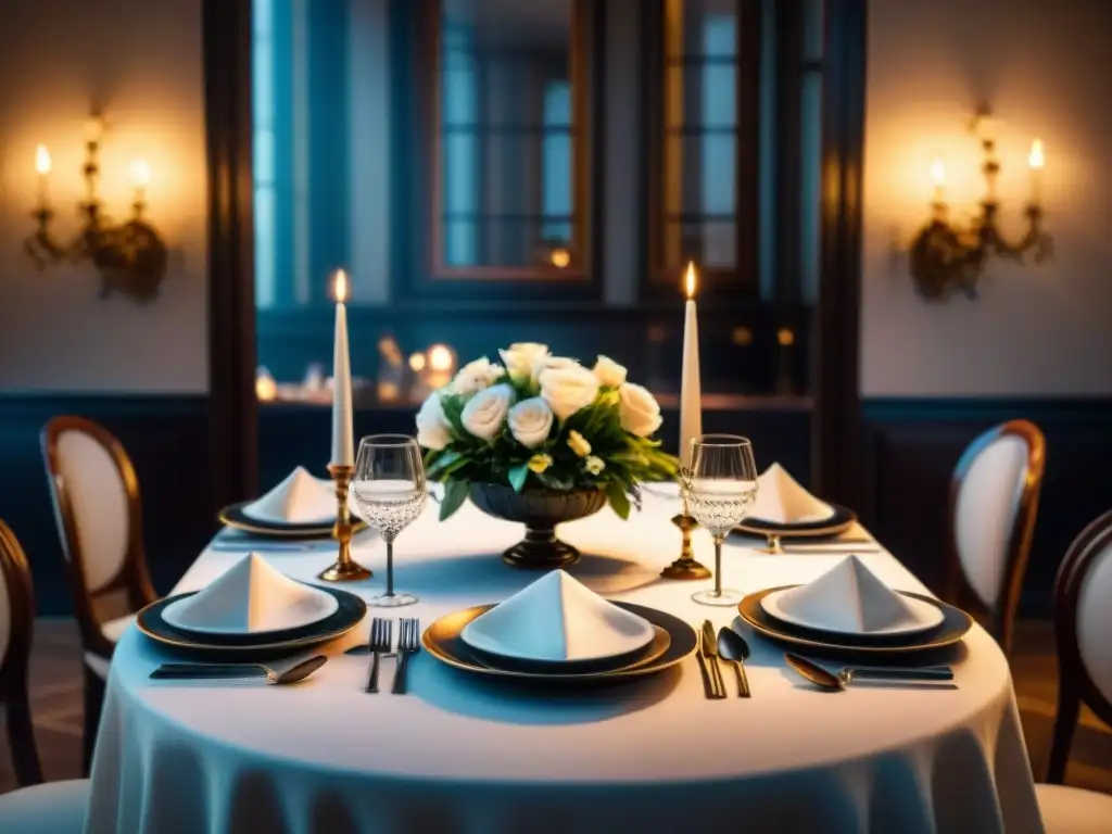 Una mesa exquisitamente preparada en un lujoso restaurante francés, con fina vajilla, cristalería y arreglos florales, iluminada por velas