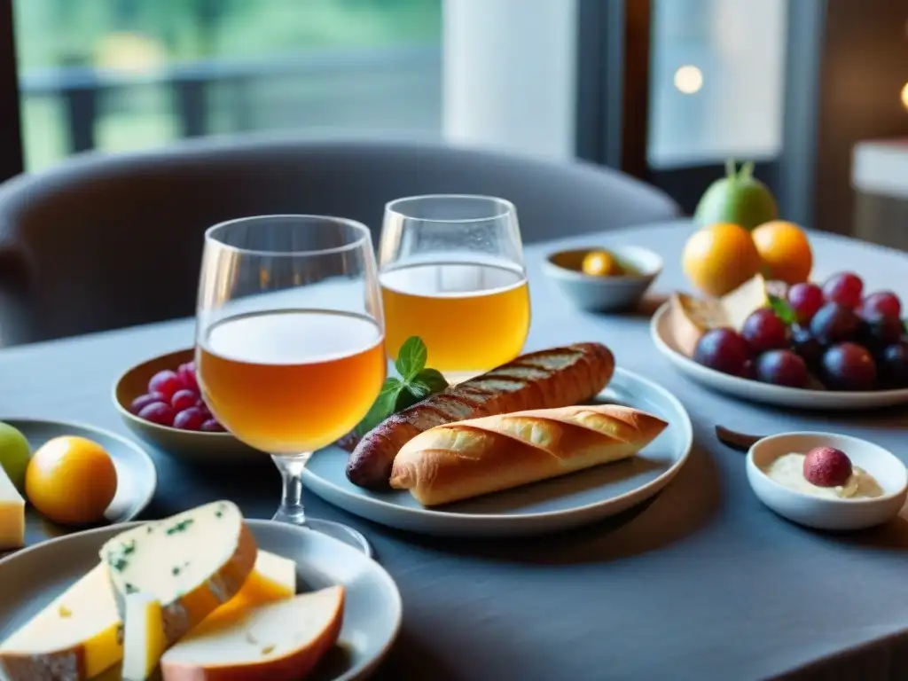 Una mesa elegantemente preparada con maridaje de sidras francesas y comidas selectas en un ambiente sofisticado y acogedor