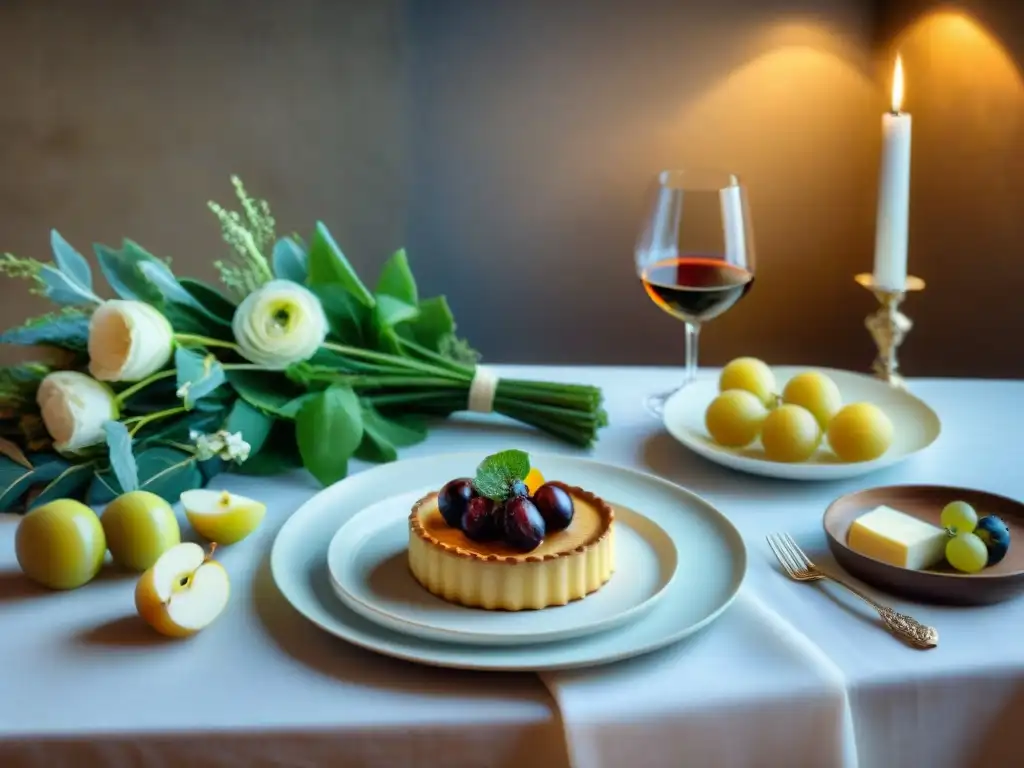 Una mesa exquisitamente preparada con platos franceses y vinos de Normandía