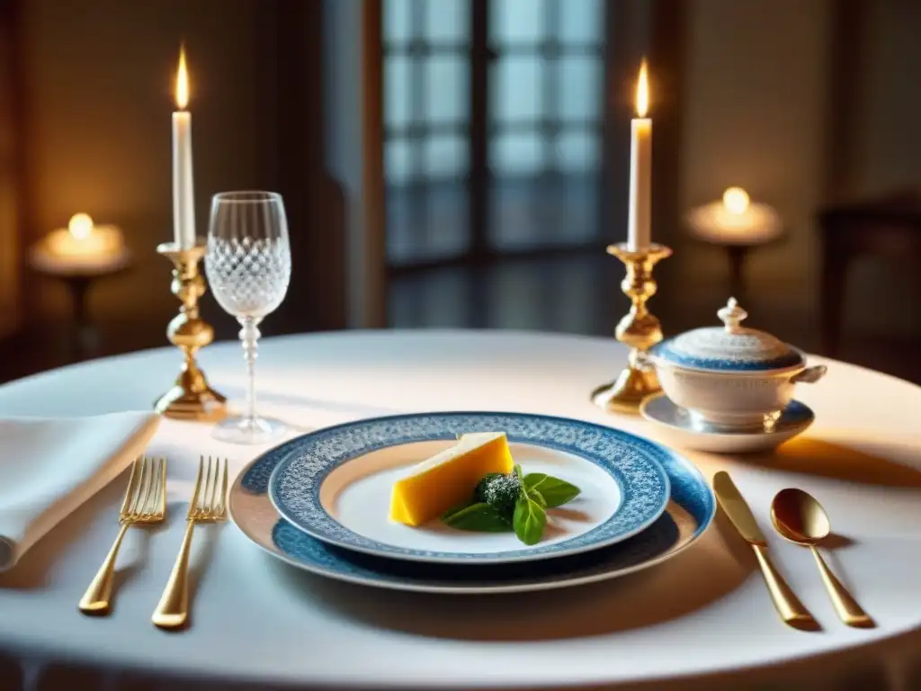 Una mesa elegantemente preparada con vajilla francesa en un comedor lujoso