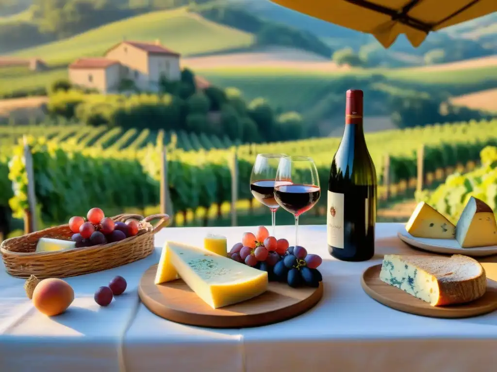 Mesa preparada en viñedo francés con vinos y quesos