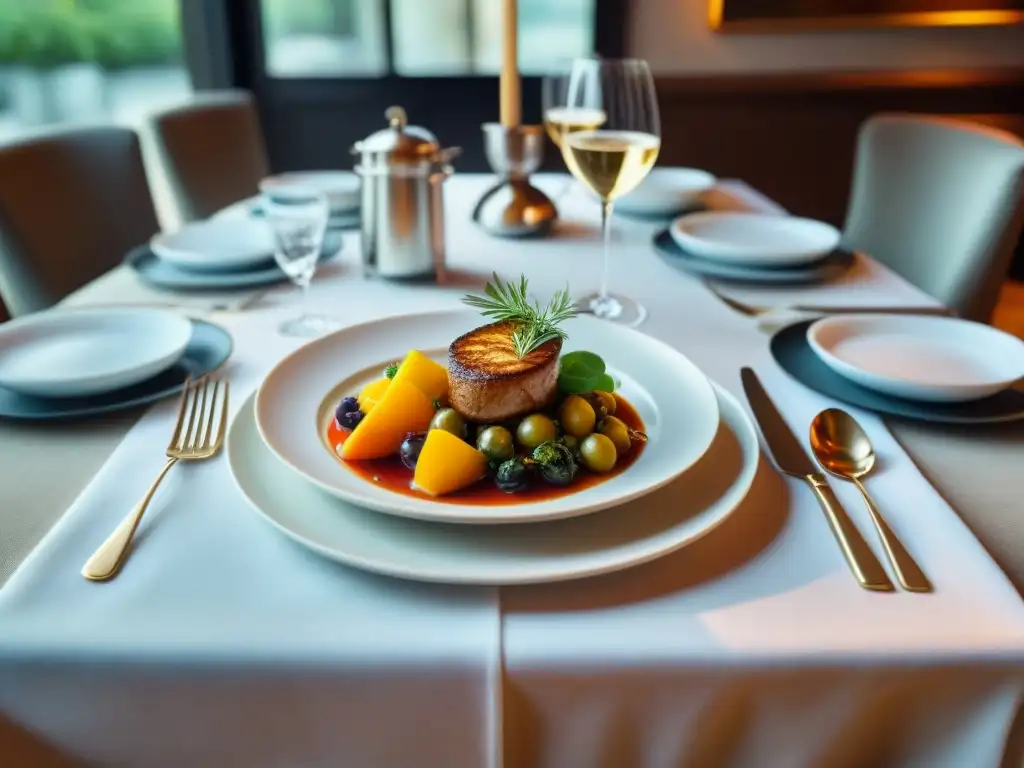 Una mesa elegantemente puesta en un restaurante chic francés, exhibiendo exquisitos platos de gastronomía francesa sostenible