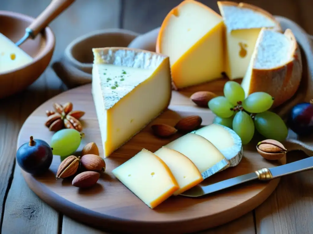 Decoración mesa queso francés refinado con variedad de quesos, frutas frescas, pan artesanal y frutos secos en tabla de madera rústica