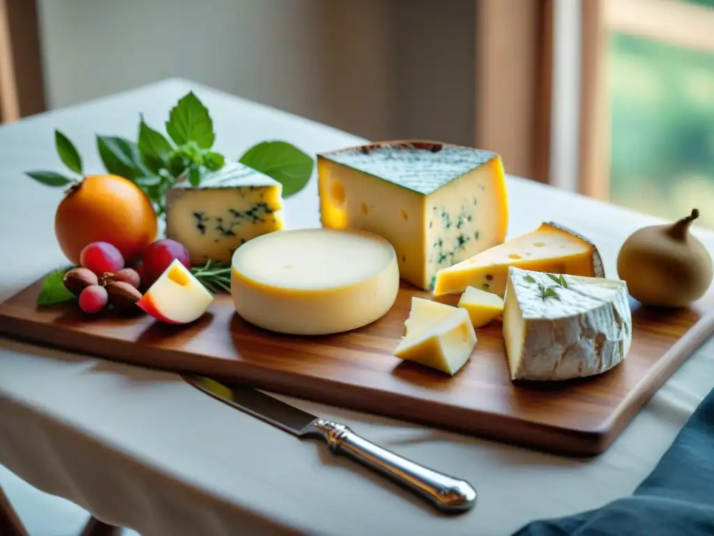 Una mesa de queso francés refinado finamente decorada con tablas artesanales, cuchillos delicados, frutas frescas y hierbas fragantes