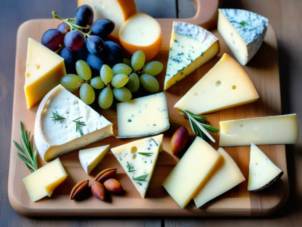 Una mesa de quesos franceses decadentes con etiquetas en caligrafía, rodeada de uvas y hierbas aromáticas