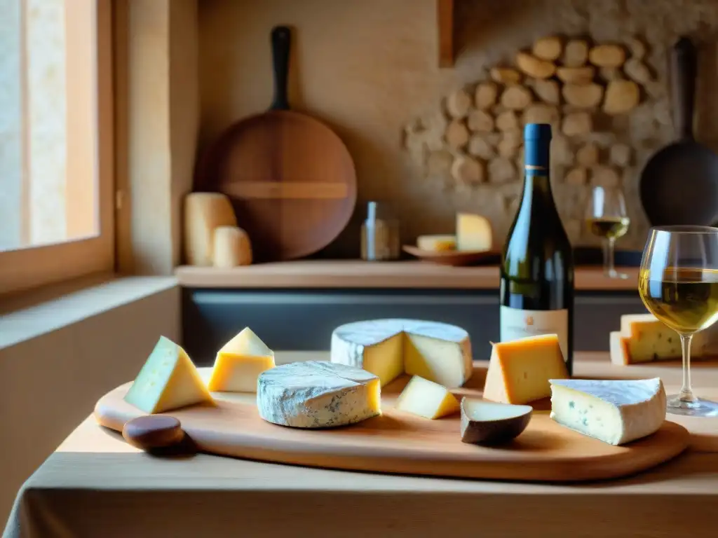 Deléitate con una mesa de quesos y vinos franceses en una cocina rústica