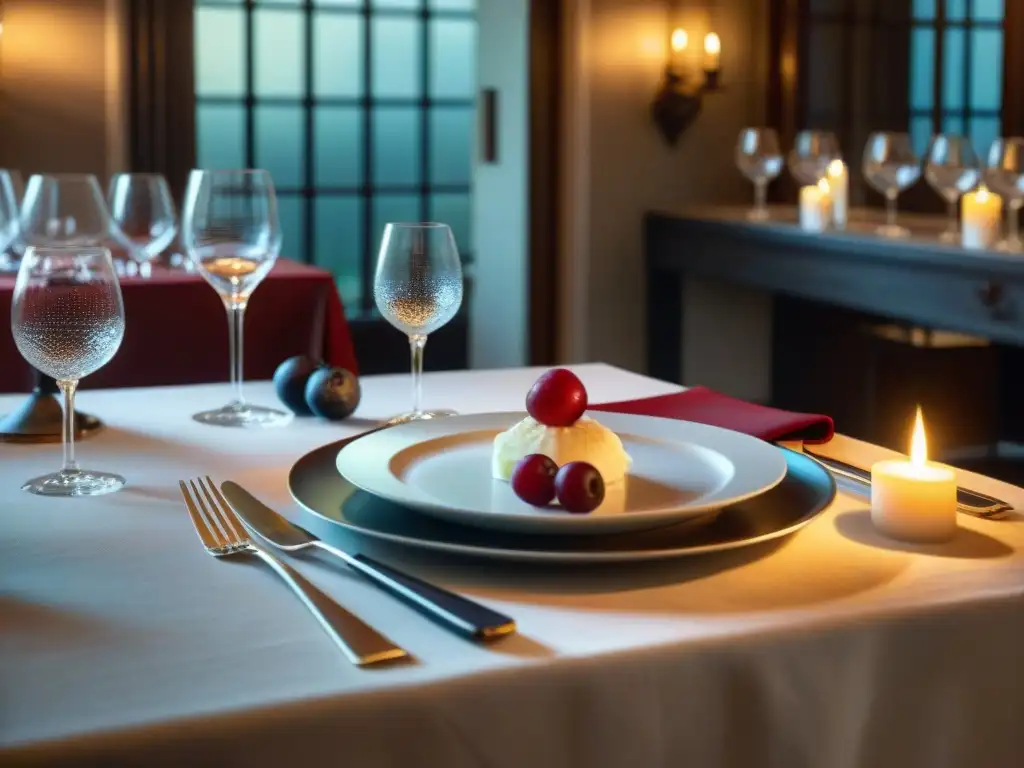 Una mesa de restaurante francesa elegantemente decorada con cubiertos de plata, copas de cristal y velas brillantes