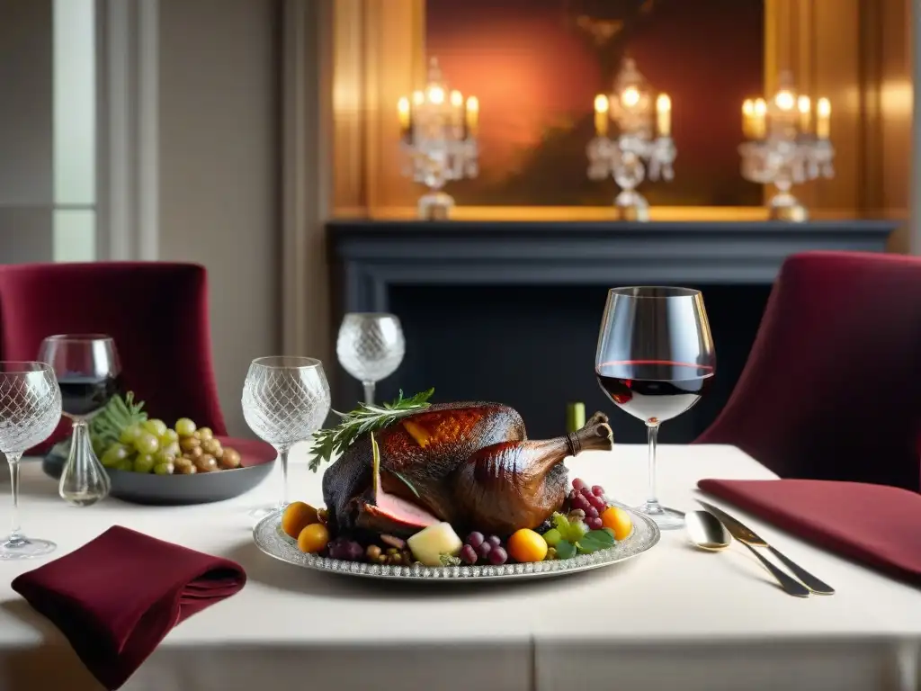 Una mesa de roble majestuosa, con platos de plata y exquisitos manjares de caza maridados con vinos Burdeos, en un lujoso comedor