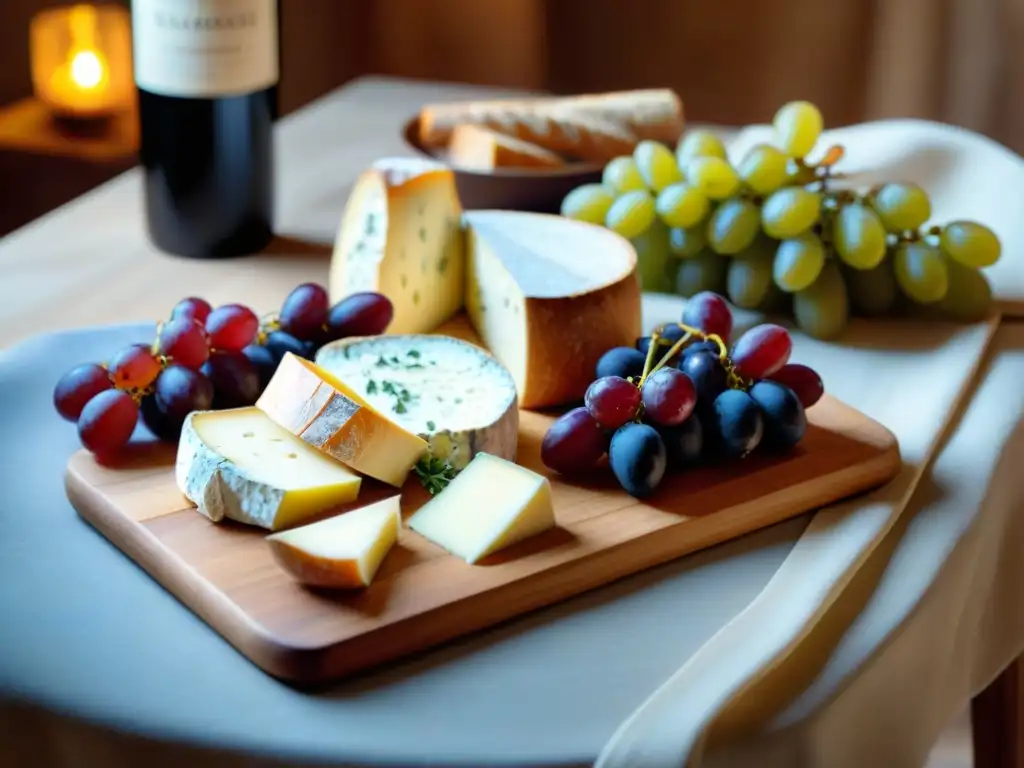 Una mesa rústica adornada con exquisitas armonías entre queso, vino y cocina francesa, iluminada por suave luz de velas