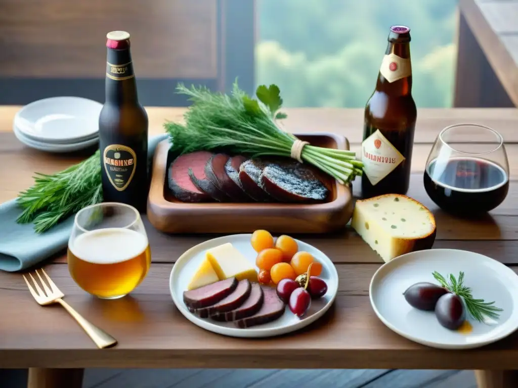 Una mesa rústica adornada con platos tradicionales de Borgoña y Ródano-Alpes, maridados con cerveza artesanal en una escena visualmente atractiva