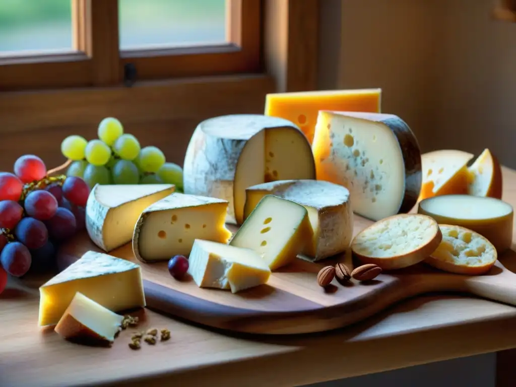 Una mesa rústica adornada con quesos tradicionales de Alsacia, baguettes y uvas, iluminada por la suave luz natural