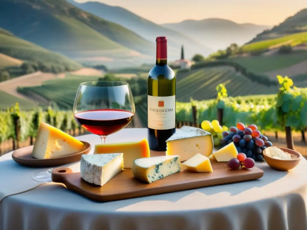 Una mesa rústica al aire libre en el Valle del Ródano con vinos y quesos de la región