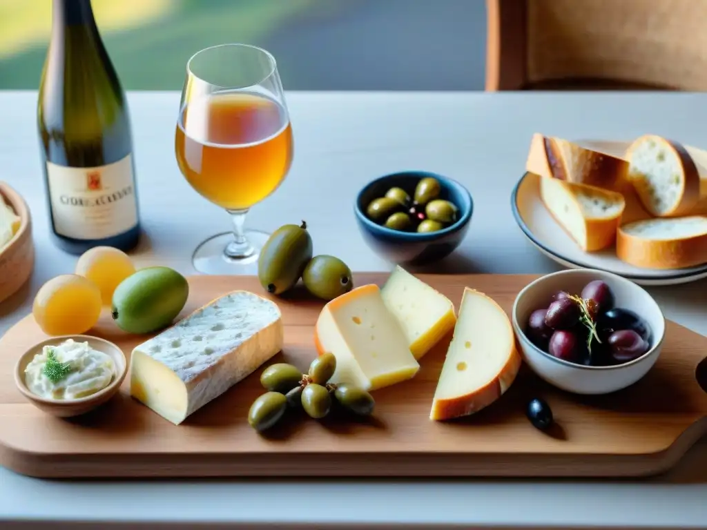 Una mesa rústica con aperitivos franceses tradicionales de Normandía y Bretaña, acompañados de sidra dorada