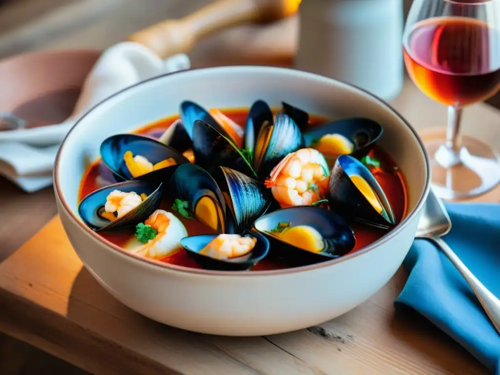 Una mesa rústica con una auténtica Bouillabaisse provenzal, rodeada de vinos tintos