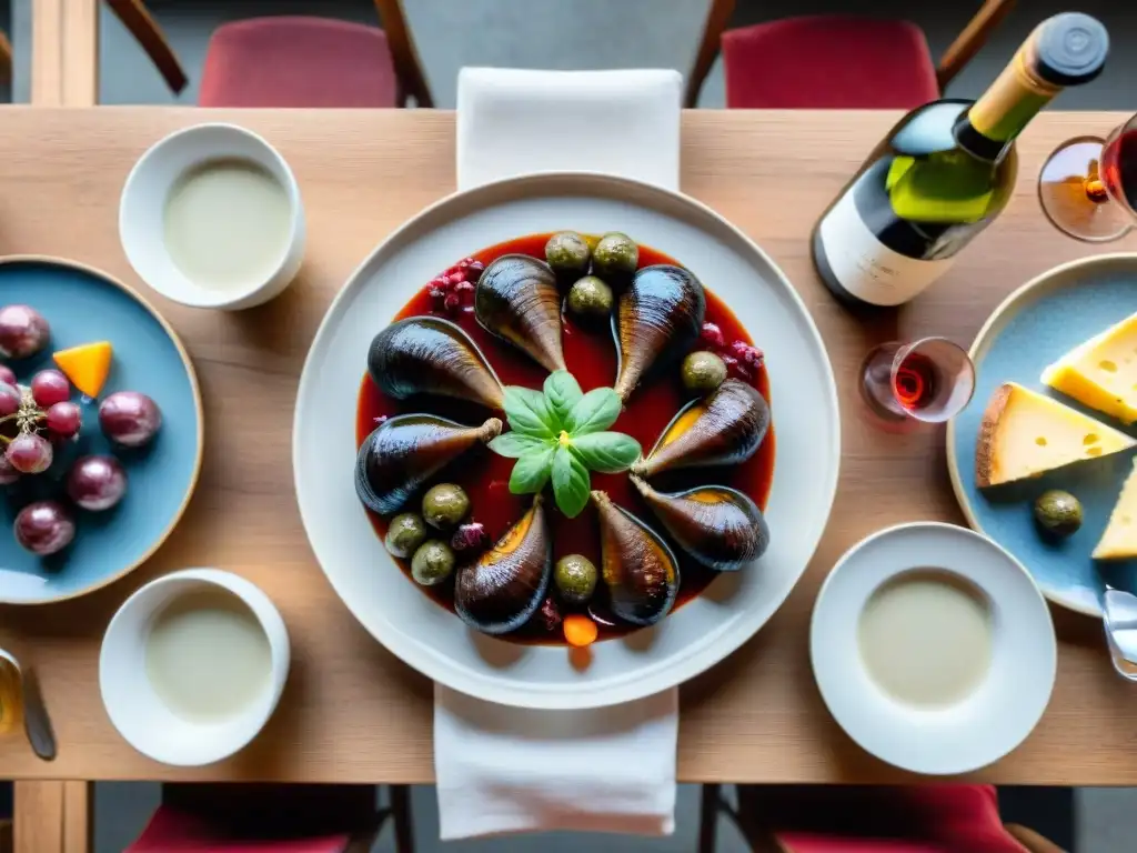 Una mesa rústica en Borgoña llena de delicias tradicionales y vino tinto, equilibrio perfecto de sabores y colores