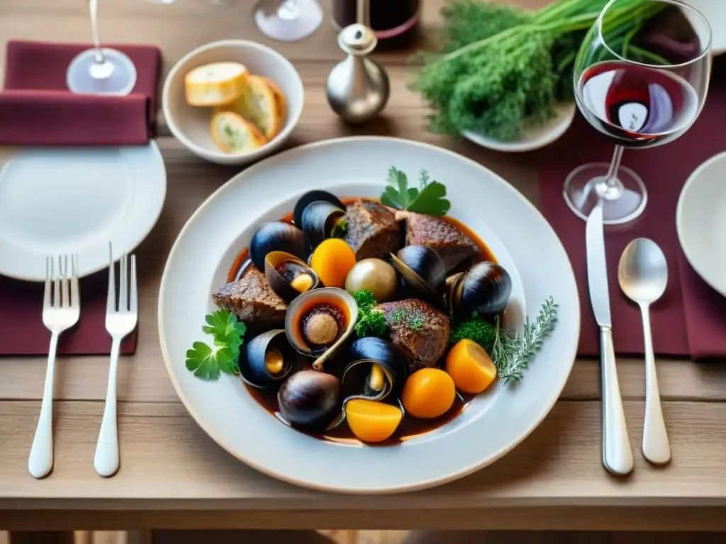 Una mesa rústica en Borgoña con platillos tradicionales franceses y vino tinto