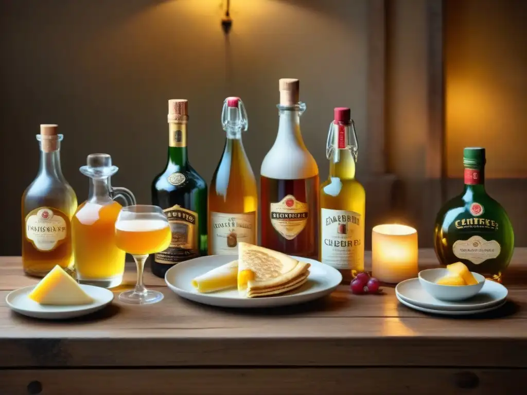 Una mesa rústica con botellas de sidra francesa y platillos locales, iluminada por velas, evocando la historia y sabor de la sidra francesa