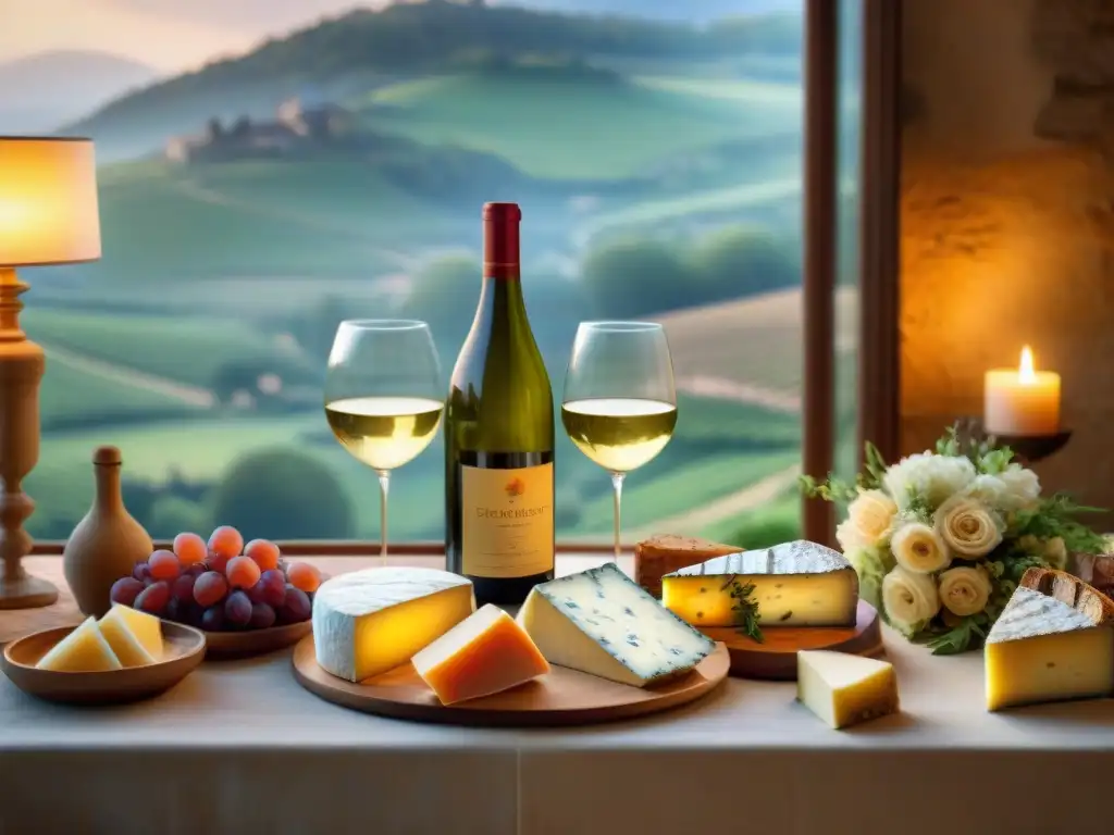 Una mesa rústica en el campo francés con quesos, vinos y decoración elegante