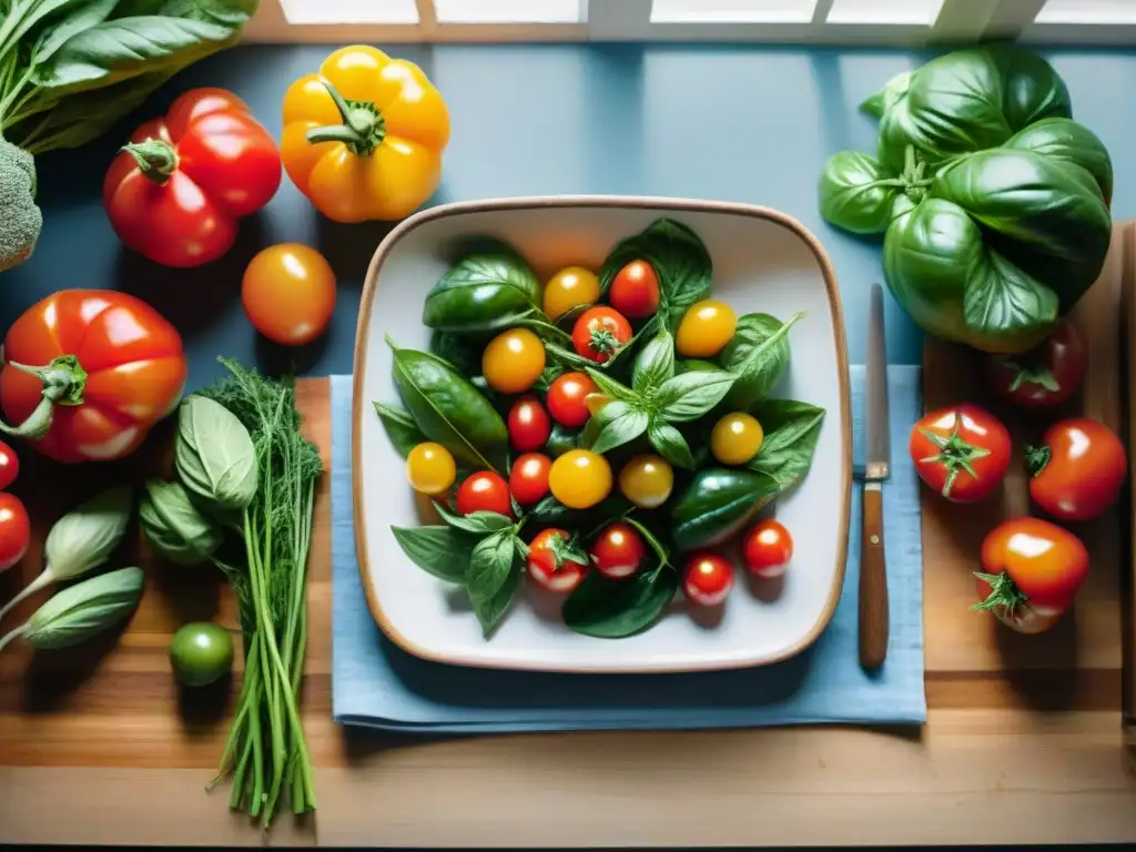 Una mesa rústica de cocina francesa vegana guía, repleta de vegetales frescos y coloridos bajo una cálida luz natural