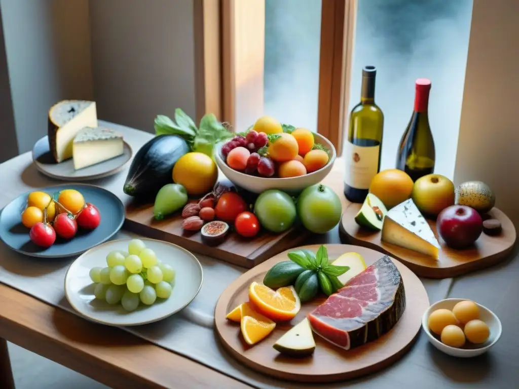 Una mesa rústica con coloridos alimentos frescos y vinos franceses, destacando el maridaje y la nutrición