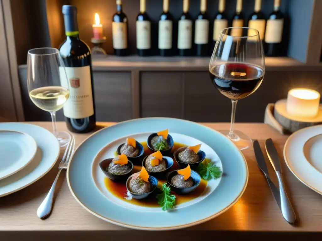 Una mesa rústica elegantemente decorada con fina vajilla francesa y vinos franceses poco conocidos, en un ambiente sofisticado y culinario