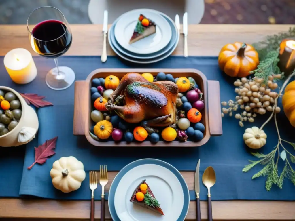 Una mesa rústica elegantemente decorada con platos franceses de otoño y vinos, creando maridajes perfectos