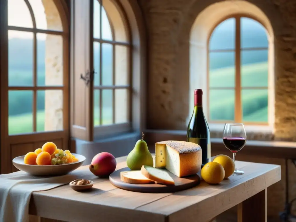 Una mesa rústica con delicias francesas, destacando el sabor del Crottin de Chavignol, iluminada por la suave luz de la tarde