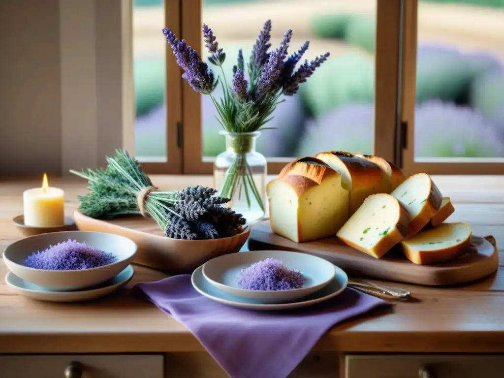 Una mesa rústica con delicias provenzales de lavanda: quesos, vino, pan y vegetales, iluminados por luz natural