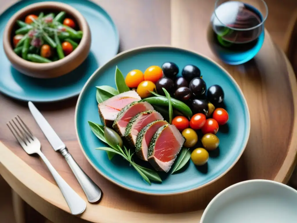 Deliciosa fusión: Niçoise y Coq au Vin en mesa rústica Una mesa rústica con una deliciosa fusión de comida francesa y mediterránea