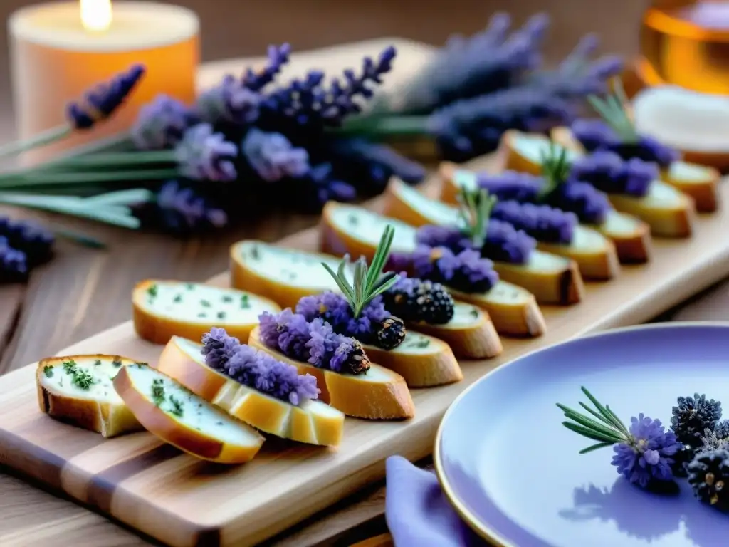 Una mesa rústica con exquisitas recetas con lavanda provenzal: crostinis de queso de cabra, higos glaseados con miel de lavanda y frutos secos