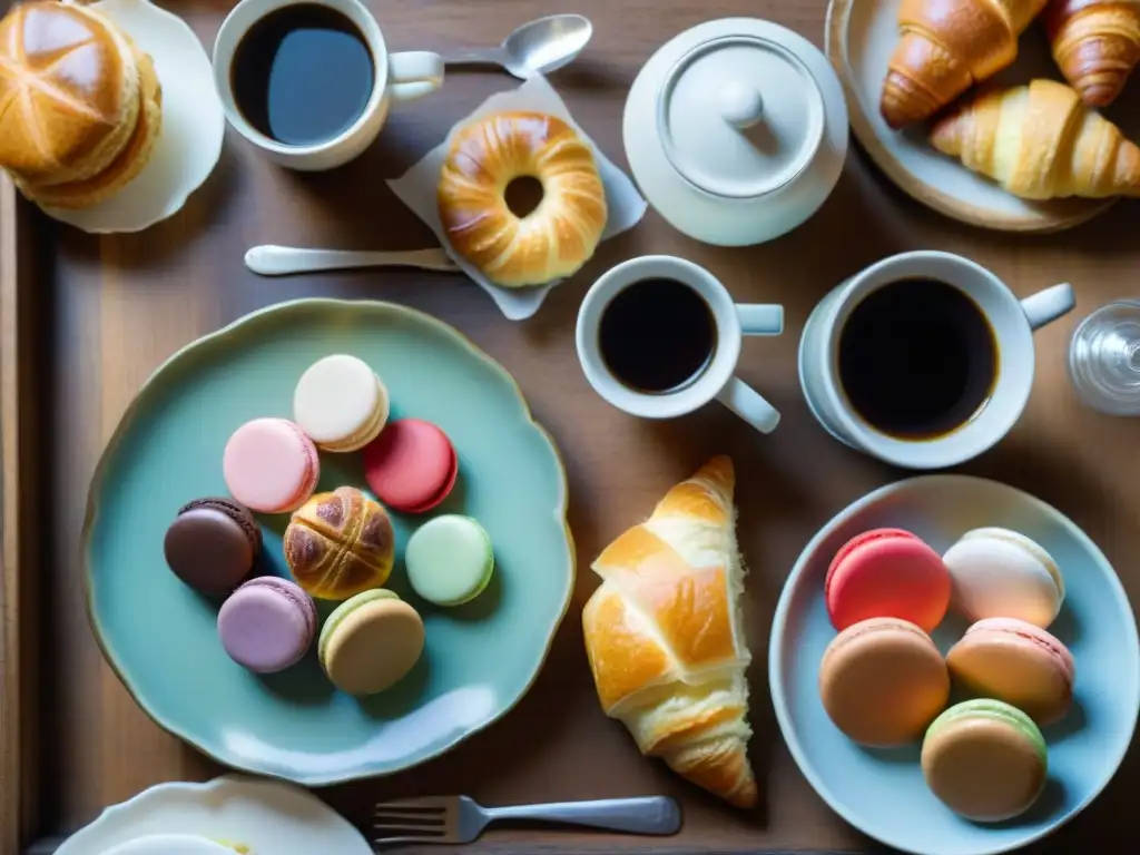 Una mesa rústica con exquisitos pasteles franceses y cafetera vintage, en una fotografía gastronómica Francia estilo