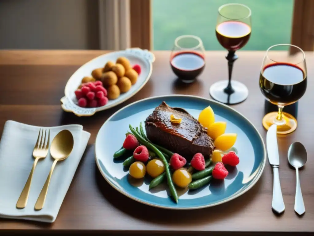 Una mesa rústica con exquisitos platos franceses en vajilla vintage y cubiertos antiguos