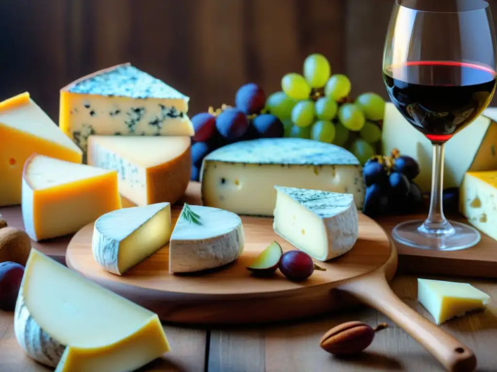 Una mesa rústica con exquisitos quesos y vinos franceses, maridaje de lujo