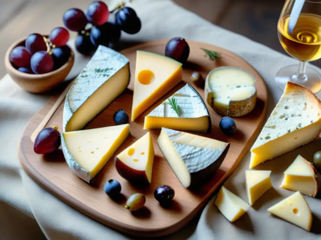 Una mesa rústica con exquisitos quesos franceses y vinos, en ambiente acogedor de campo francés