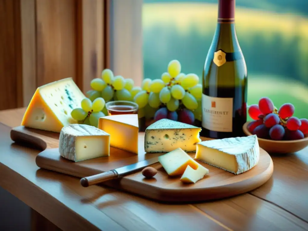 Una mesa rústica con exquisitos quesos y vinos franceses, luces suaves