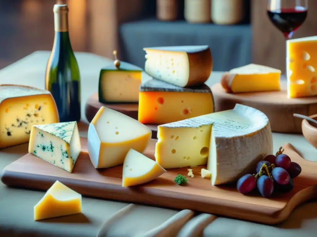 Una mesa rústica con exquisitos quesos y vinos franceses en un mercado, capturando la esencia de la gastronomía francesa en fotografías culinarias